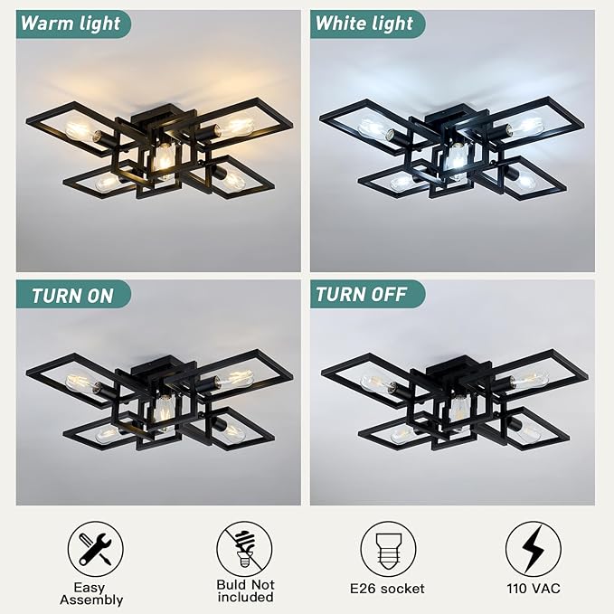 ZGLAOJT Black Industrial Semi Flush Mount Ceiling Light 5-Light Kitchen Light - Image 3