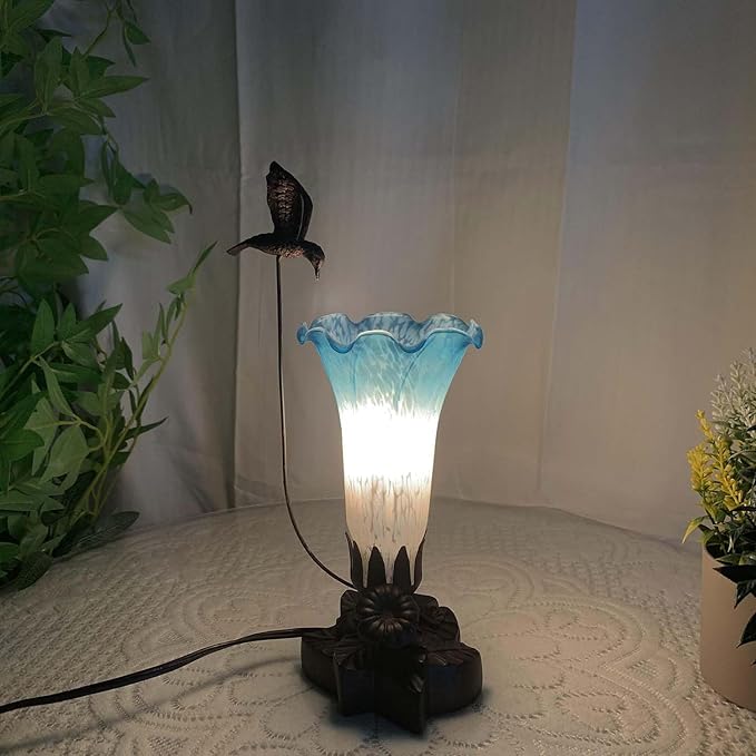 Bieye LL04 Hummingbird Flying Over Lily Flower Blown Glass Table Lamp - Image 2