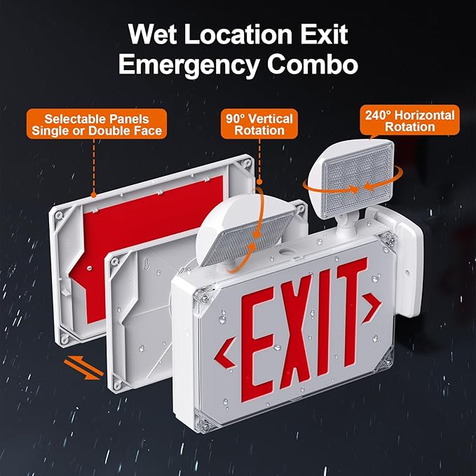 Wet Location Exit Sign with Emergency Lights, Exterior Red LED Exit Light Combo - Image 3