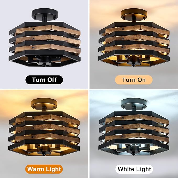 Farmhouse Rustic Wood Flush Mount Ceiling Light Fixtures, 4-Light Close to - Image 8
