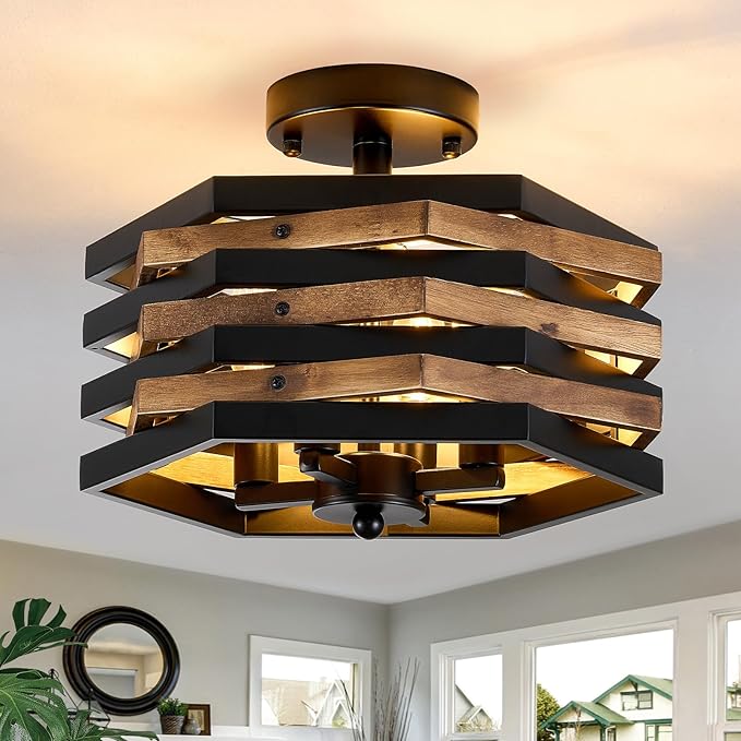 Farmhouse Rustic Wood Flush Mount Ceiling Light Fixtures, 4-Light Close to by SGLfarmtyLighting