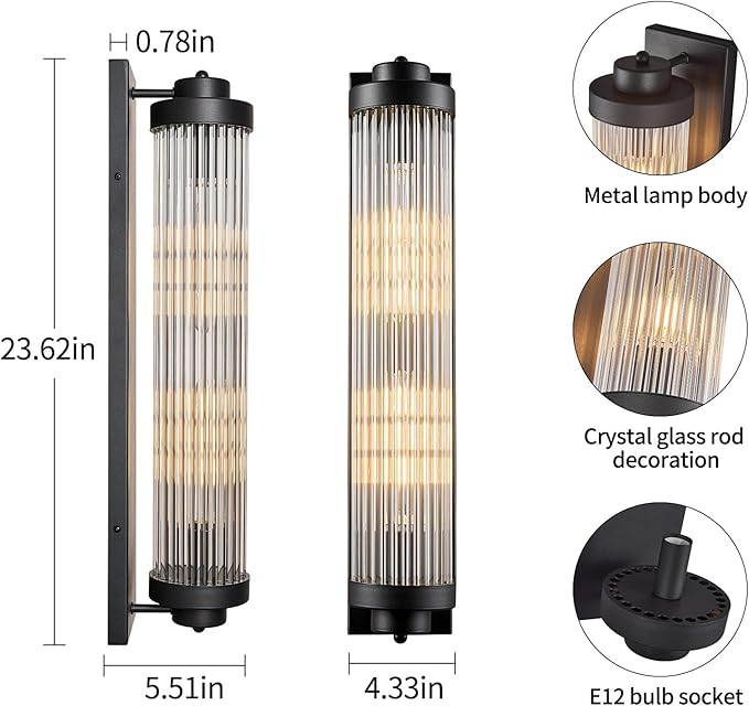 Black Wall Sconces with Crystal Glass Strip Bathroom Sconces 2 Light E12 Base - Image 2