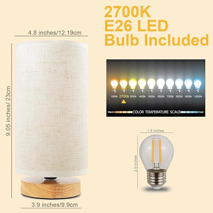 Small Bedside Table Lamp for Bedroom, Minimalist Wood Base & Round Fabric Shade - Image 3