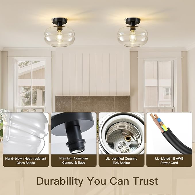 Semi Flush Mount Ceiling Light Fixture, 10-1/2 Inch Clear Glass Shade - Image 4