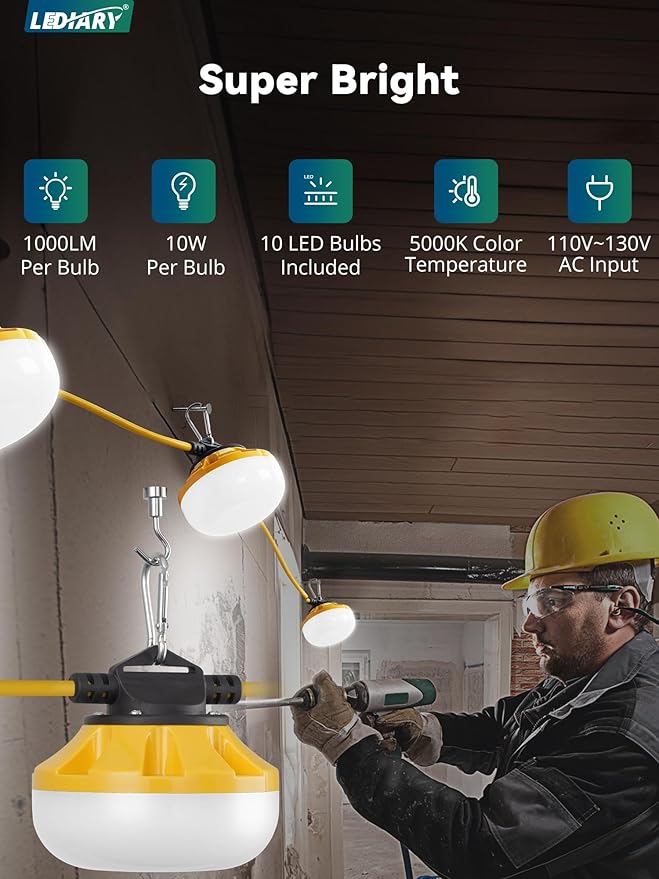 LEDIARY 100FT LED Construction String Lights, 100W 10000LM String Work Light - Image 2