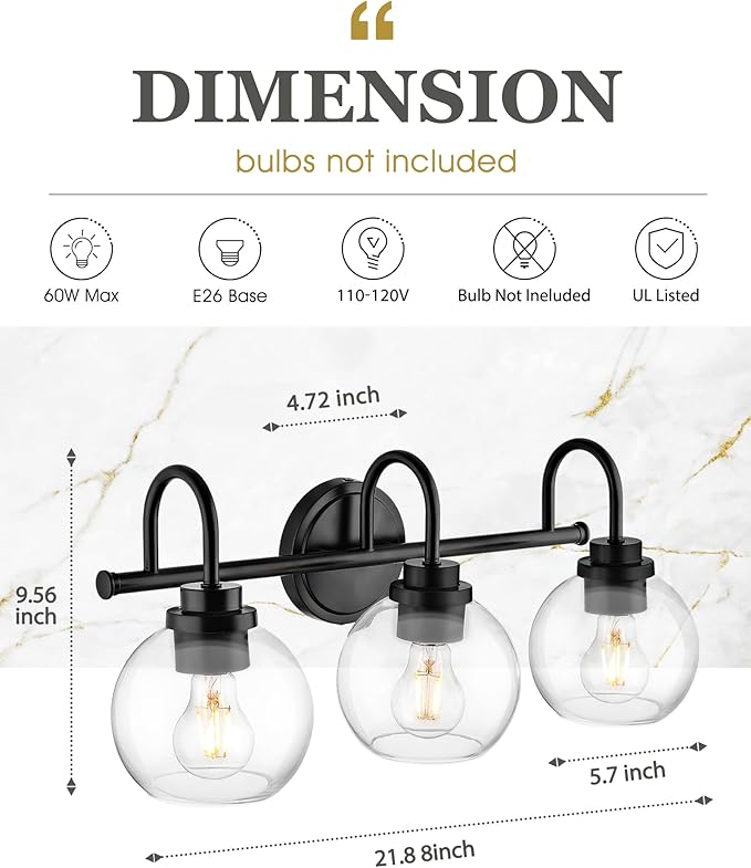 Bathroom Light Fixtures, 3-Light Matte Black Vanity Lights - Image 2