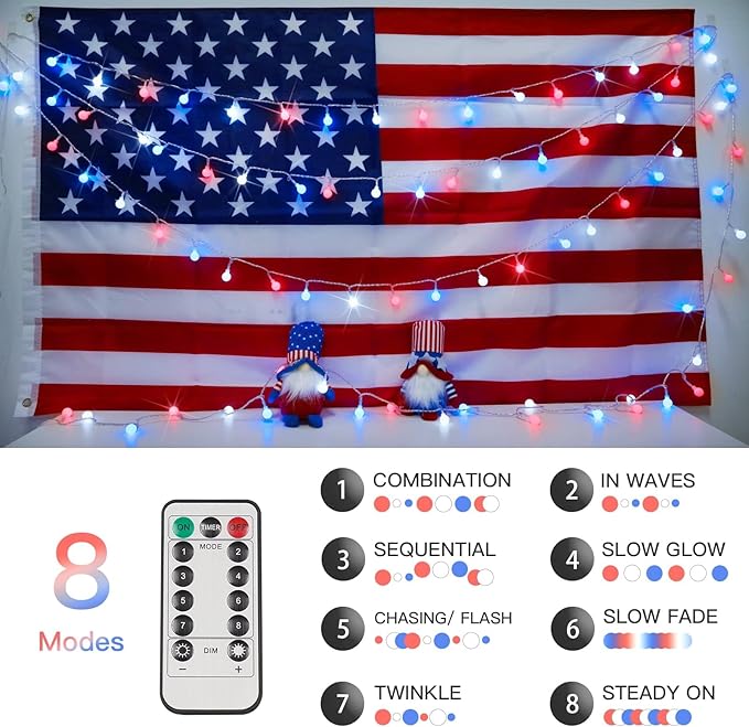 suddus Red White and Blue Lights, 100 Led Battery Powered String Lights - Image 7
