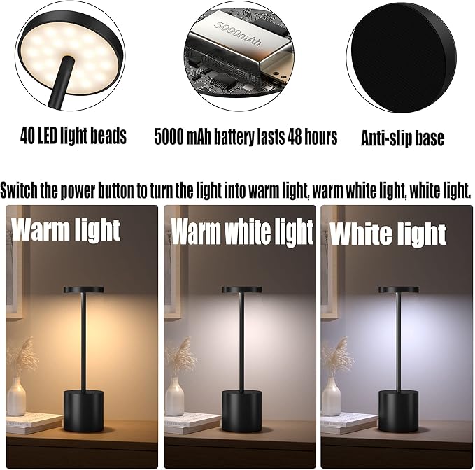 2Pack Cordless Table Lamp, Rechargeable LED Battery 5000mAh Metal USB Portable - Image 5