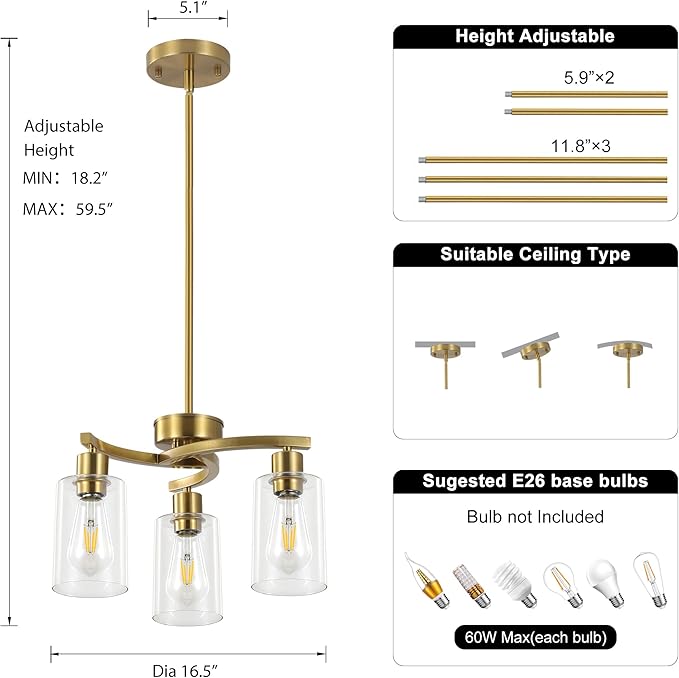 3 Light Brushed Gold Chandelier - Image 5