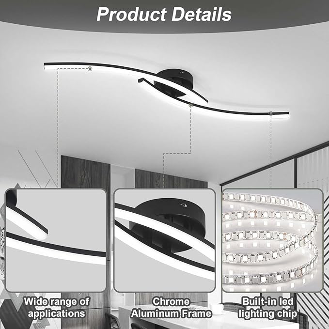 Modern LED Ceiling Light 22W Black Linear Ceiling Lights Fixture 6000K Aluminum - Image 4