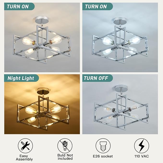 ZGLAOJT 4-Lights Ceiling Light Chrome Light Fixture Industrial Flush Mount - Image 4
