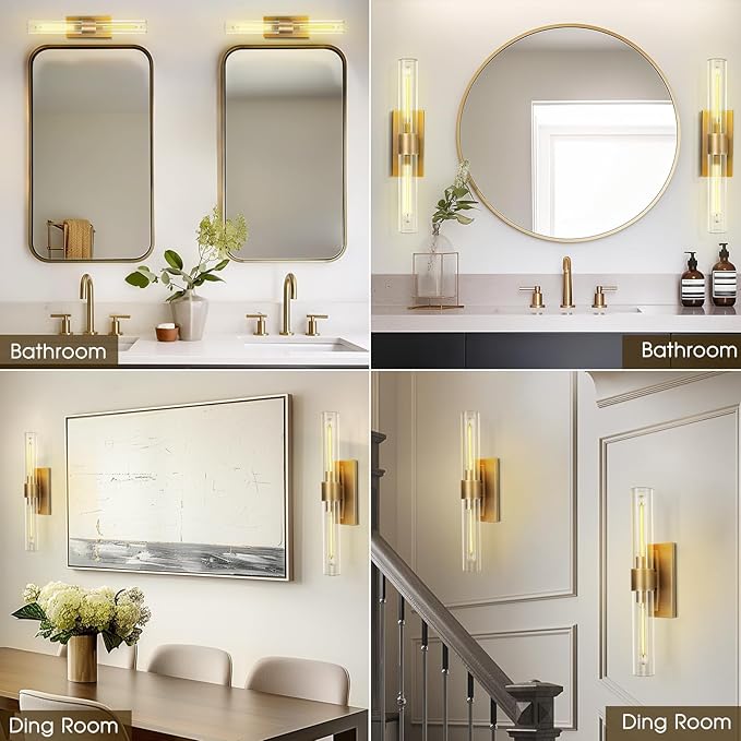 Brass Bathroom Vanity Wall Sconces, 2-Light Glass Tube Wall Sconces, 24 Inch - Image 8