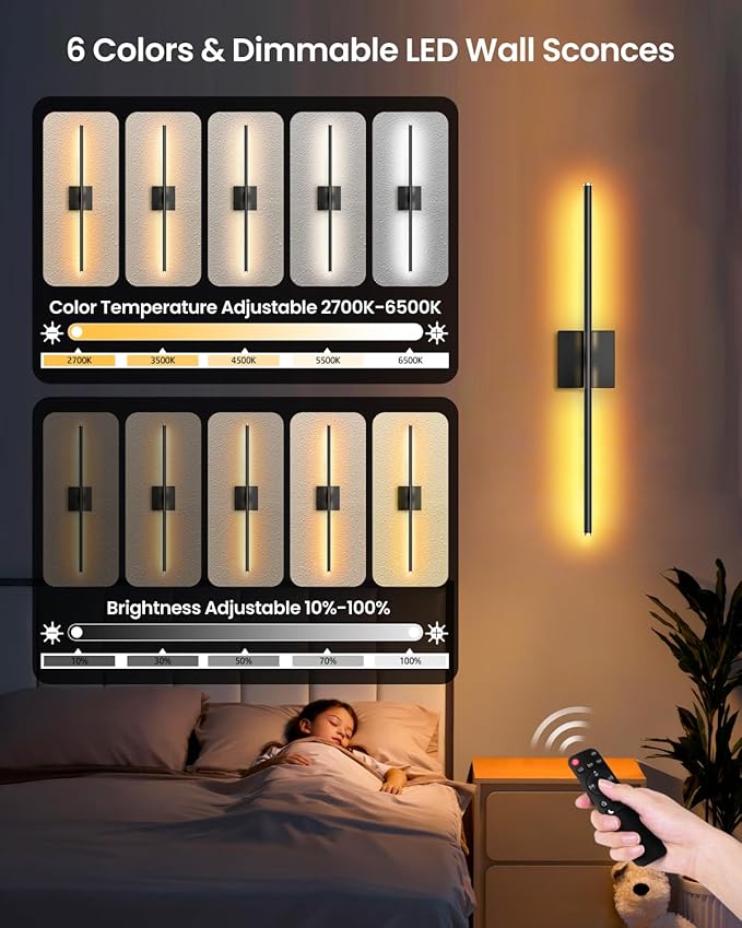 CLY Battery Operated Wall Sconce Set of 2, Dimmable 2700K-6500K Battery Wall - Image 2
