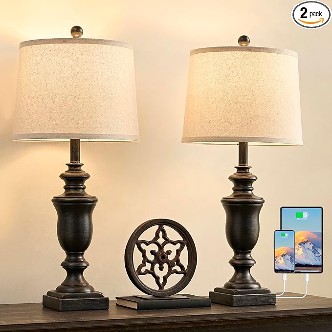 27.5" Vintage Farmhouse Table Lamps Set of 2 Bedside Lamp, 3 Way Dimmable by SAIWEYA