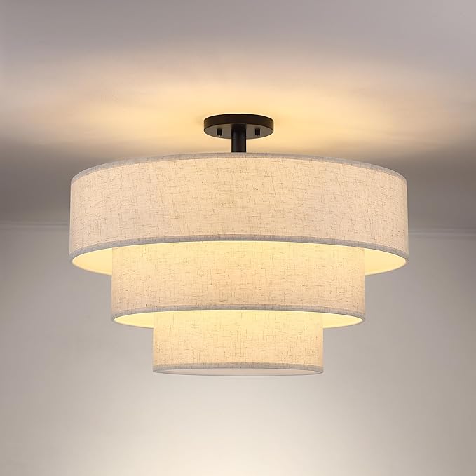 Doraimi Lighting 3 Tier Cream Linen Drum Fabric Semi Flush Mount Light Modern by DoraimiLighting