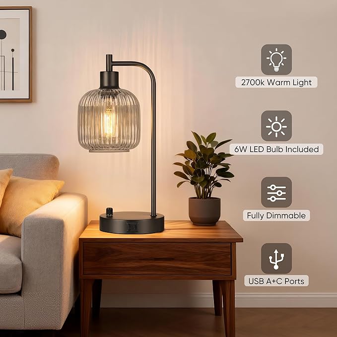 QiMH Industrial Table Lamp for Bedroom Set of 2, Stepless Dimmable Black Lamps - Image 4
