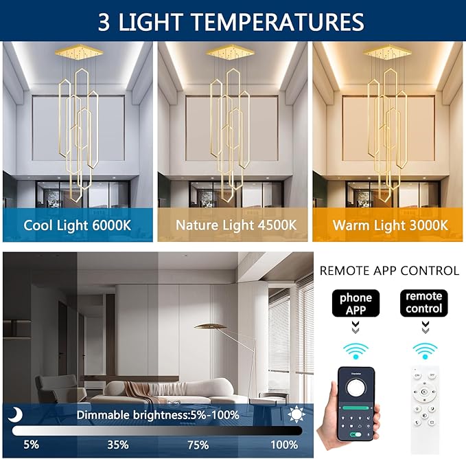 6-Rings Chandelier Modern, Dimmable Flush Mount High Ceiling Chandeliers - Image 3