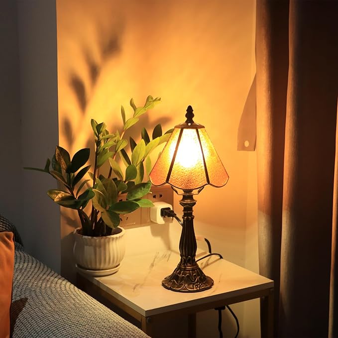 Small Tiffany Table Lamp Orange Diamond Style Stained Glass Desk Lamps 6X6X14 - Image 7