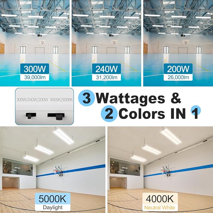 High Bay LED Shop Light 4FT 300W/240W/200W, 4000K/5000K Selectable 120-277V - Image 2