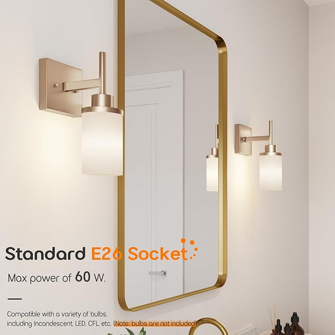 Vanity Lighting Fixtures with White Frosted Glass Champagne Bronze Wall Lamp - Image 6