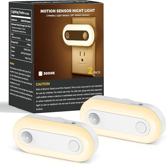 Plug-in LED Night Light with Motion Sensor & Dusk to Dawn Sensor, Dimmable Warm by Evastary