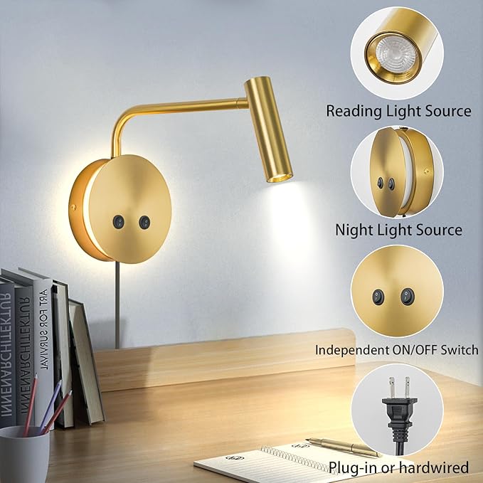 Gold Wall Mounted Reading Light, 3000K Flexible Headboard Reading Sconces - Image 7
