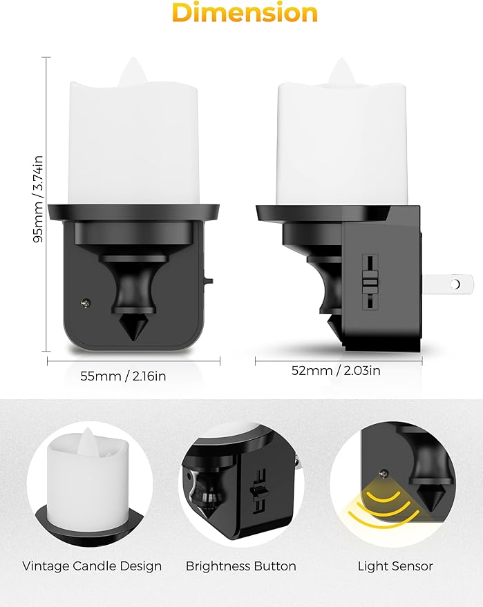 Briignite Flameless Candle Night Lights, Amber Plug-in 2 Pack, LED Candle - Image 6