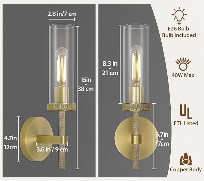 Knurled Brass Wall Sconces Indoors, Glass Tube Sconces Wall Lighting 14" - Image 3