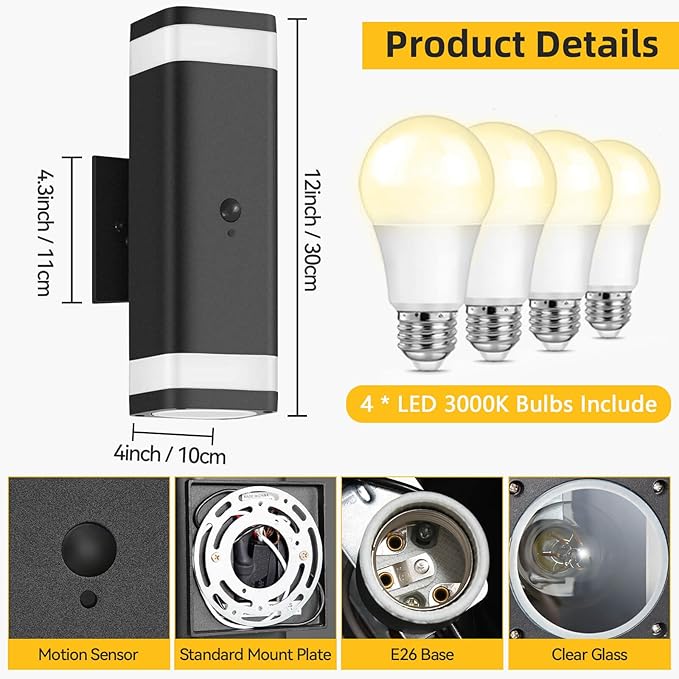 SHIMR Motion Sensor Outdoor Wall Lights 2 Pack, Modern Dusk to Dawn Up Down - Image 4