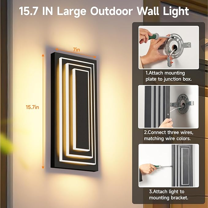 3-Tier 15.7 in Outdoor Light Fixture Black Exterior Wall Light LED Modern Wall - Image 8