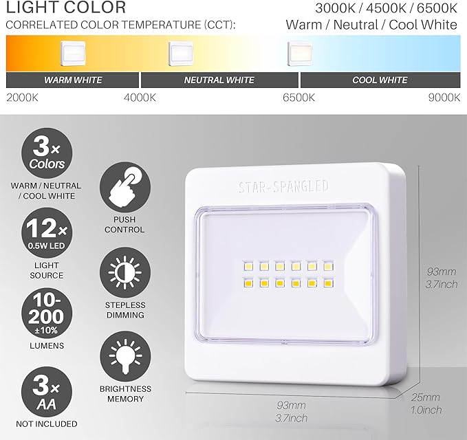 STAR-SPANGLED 3 Pack 3.7” Dimmable Push Tap Lights, Stick on LED Touch Lights - Image 3