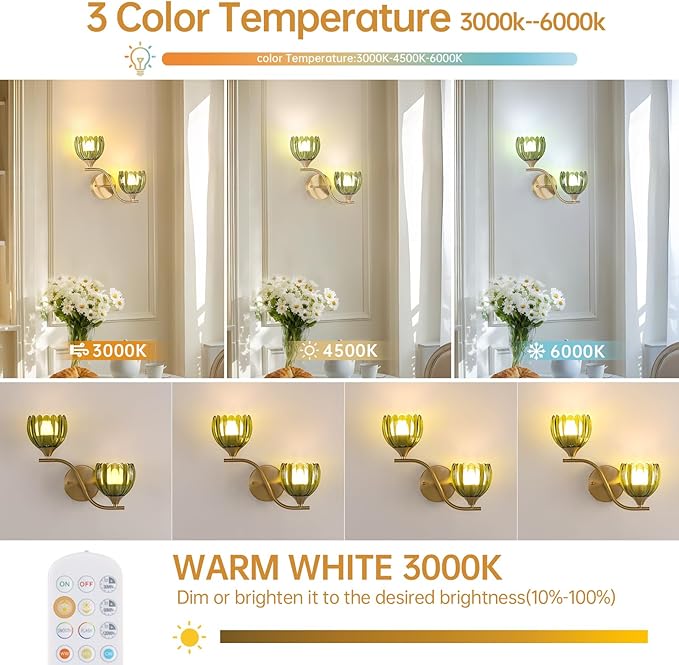Battery Operated Wall Sconce, 2-Lights Vinatge Brass Wall Lighting - Image 3