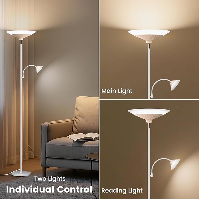 Torchiere Floor Lamp with Wood Grain Shade, 2-in-1 Floor Reading Lamp with - Image 4