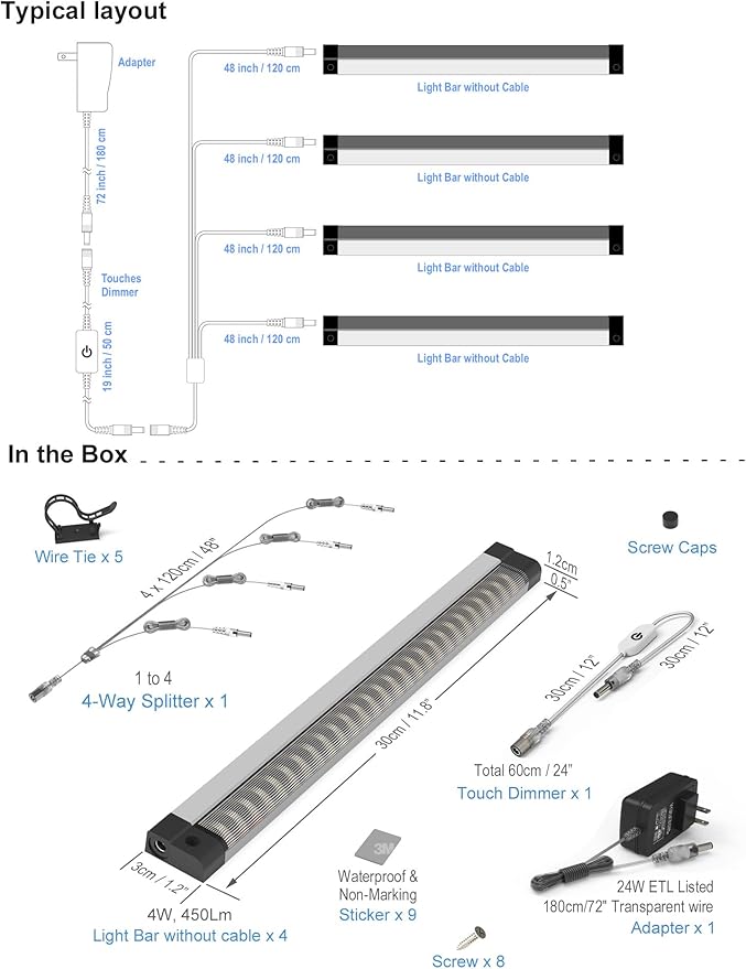 EBD LED Display Cabinet Lighting 4-Way 1.2m / 48" Splitter Parallel Connection - Image 3