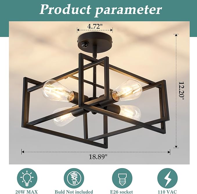 ZGLAOJT Motion Sensor Ceiling Light Fixture 4-Lights Semi Flush Mount Ceiling - Image 2