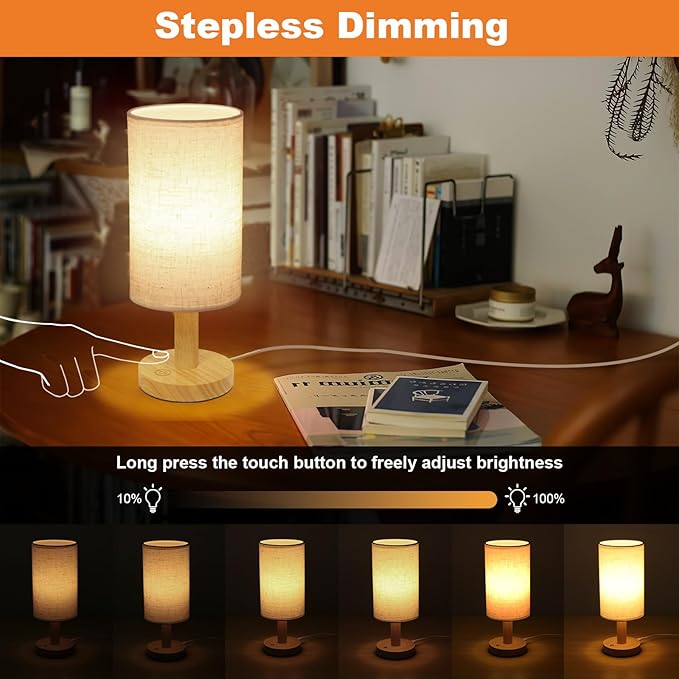 Small Touch Table Lamp with Stepless Dimming&USB Plug, Natural Round Wood - Image 2