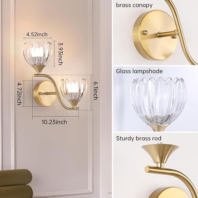 Battery Operated Wall Sconce, 2-Lights Vinatge Brass Wall Lighting - Image 5