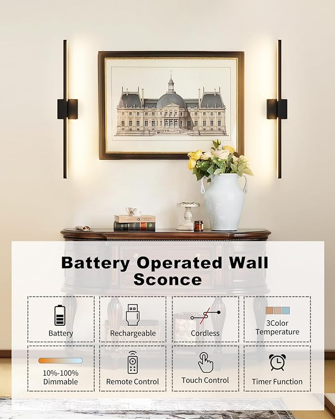40 Inch 8000mAh Rechargeable Battery Operated Wall Sconce Set of Two, - Image 3