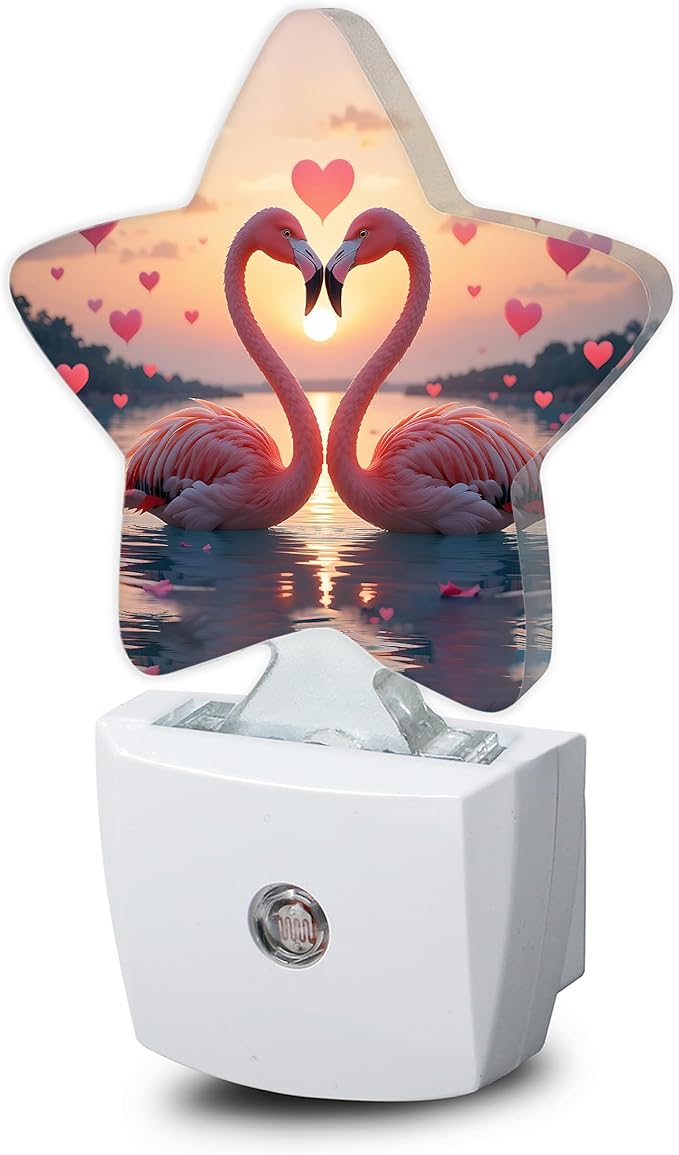 Beach Flamingos Night Lights Plug Into Wall, Romantic Love Heart Star Night by SNOWMOLLE