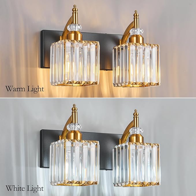 Modern Bathroom Vanity Light 2-Light Black and Gold Crystal Light Fixtures Over - Image 2