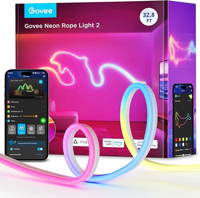 Govee RGBIC Neon Lights, LED Smart Neon Rope Light 2 Works by Govee