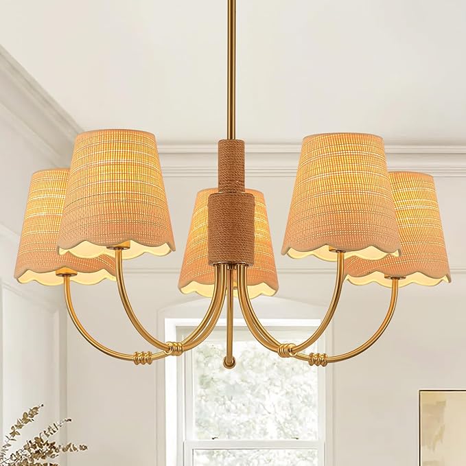 Boho Rattan Chandelier with Fabric Shade, Antique Gold Brass Farmhouse by SUETONG