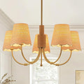 Boho Rattan Chandelier with Fabric Shade, Antique Gold Brass Farmhouse by SUETONG