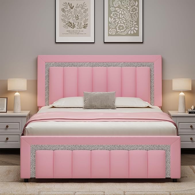 HOMBCK Queen Bed Frame with Velvet Upholstered Headboard and LED Lights - Image 9