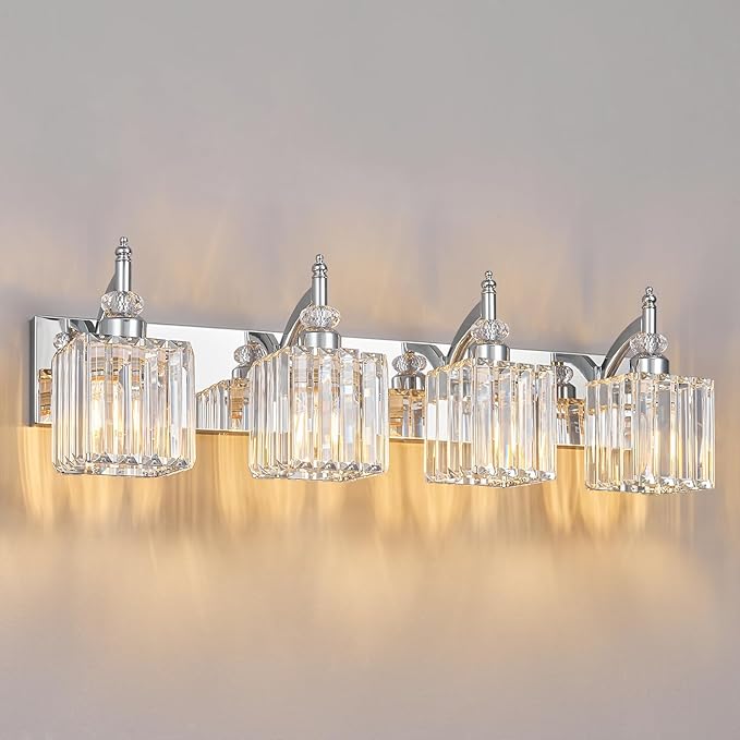 Modern Bathroom Vanity Light 4-Light Chrome Crystal Light Fixtures Over Mirror by BBLLWJ