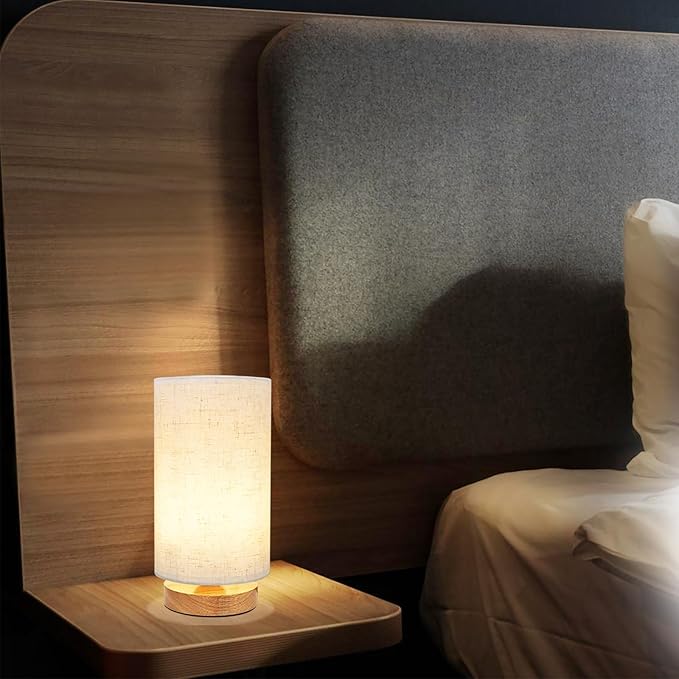 Small Bedside Table Lamp for Bedroom set of 2, Minimalist Wood Base & Round - Image 8