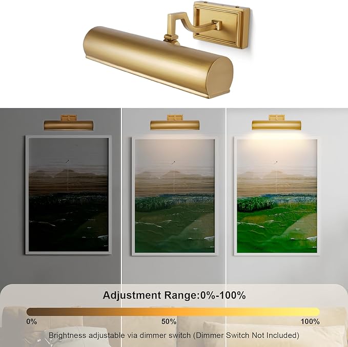 12in Brass Picture Light, 270° Rotatable Gold Wall Sconce Hardwired, 2-Light - Image 8