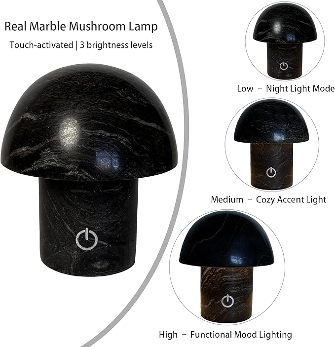 Hand-Polished Natural Marble Mushroom Lamp, Rechargeable LED Stone Night Light - Image 2