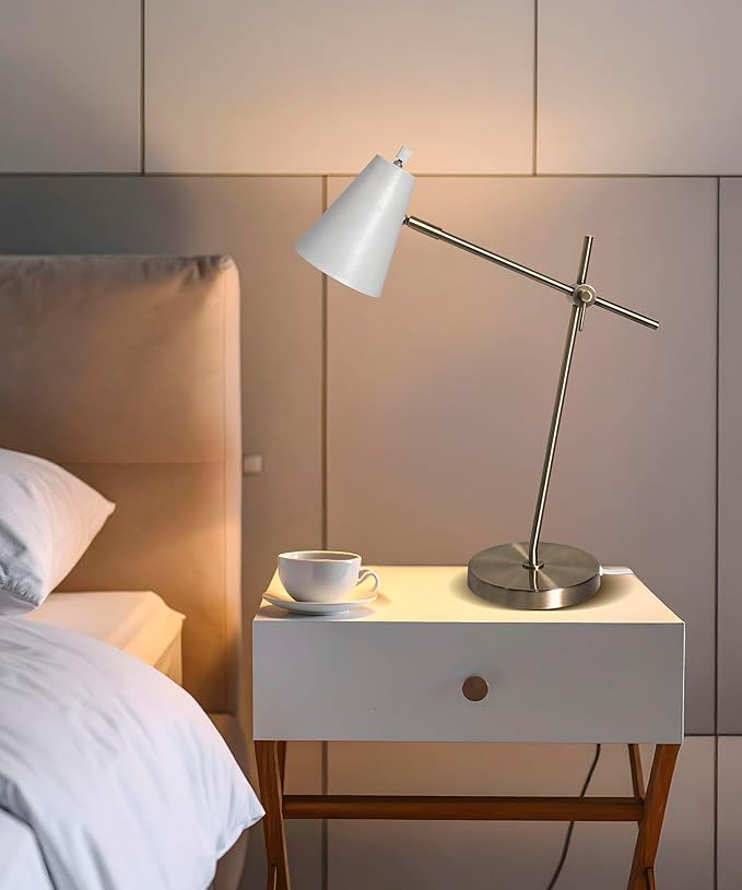 HarvestLand HaloBar Brass Desk Lamp Home Office – White Industrial Table Lamp by Harvestland