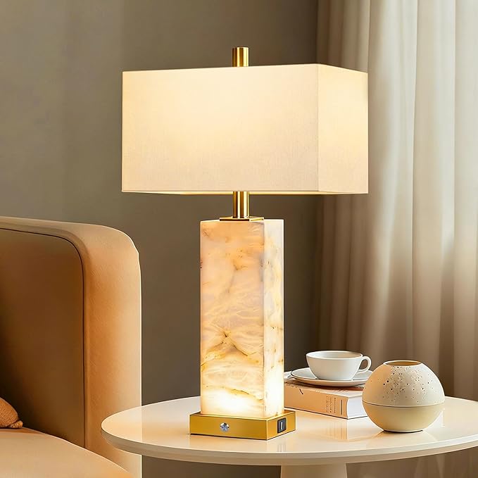 25.6" Alabaster Lamp, Marble Lamp Nightstand Lamps Set of 2, Modern Table Lamp - Image 7